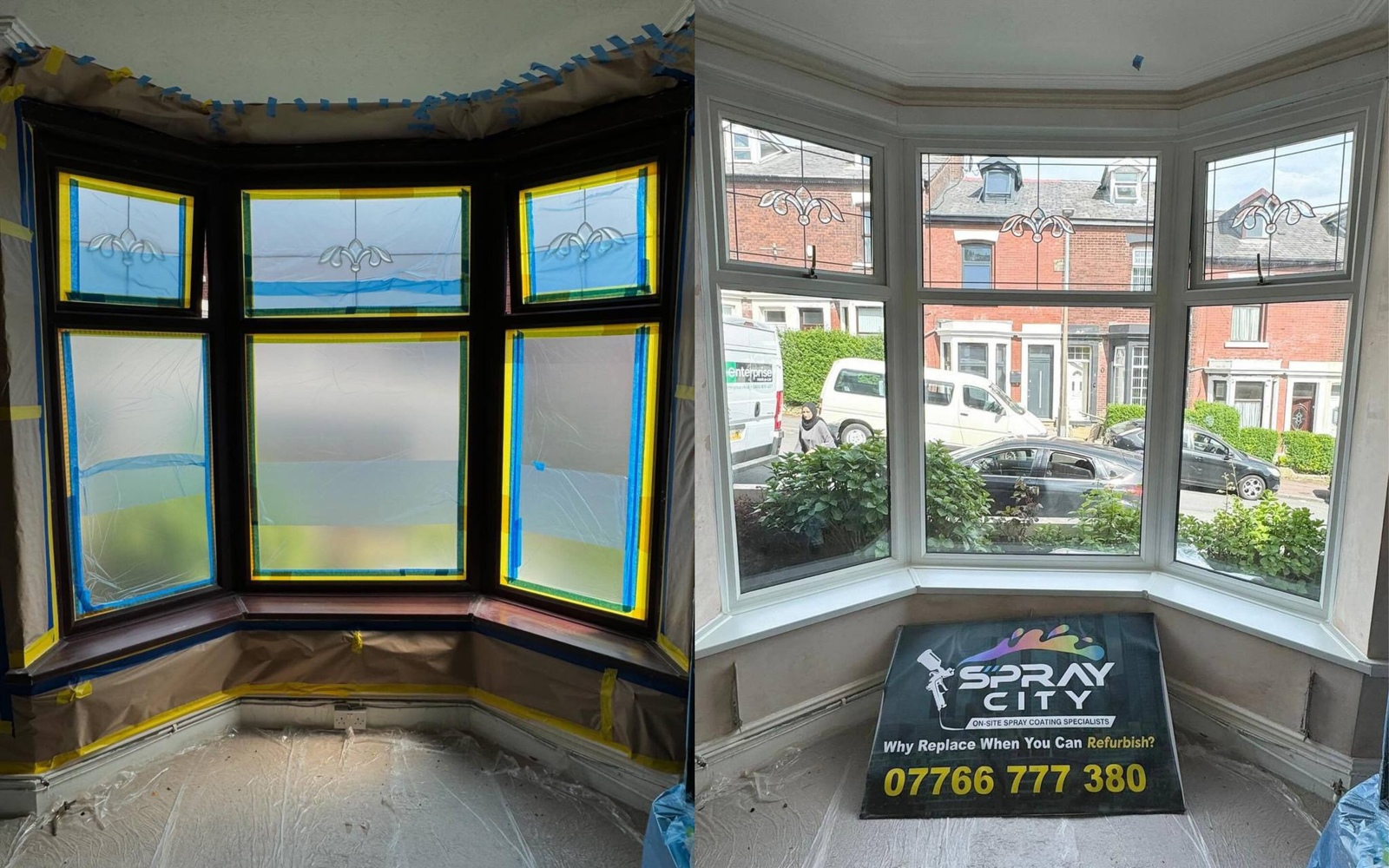 large window sprayed from brown to white, a neutral spray paint colour, by Spray City in the UK